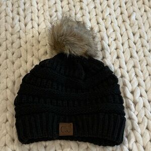 C.C Kids Black Knit Beanie with Faux Fur Pom